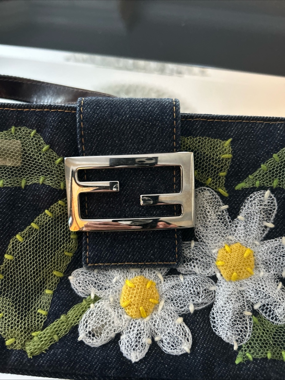 Fendi Denim Belt with White & Yellow Floral Appliqués and Silver Buckle